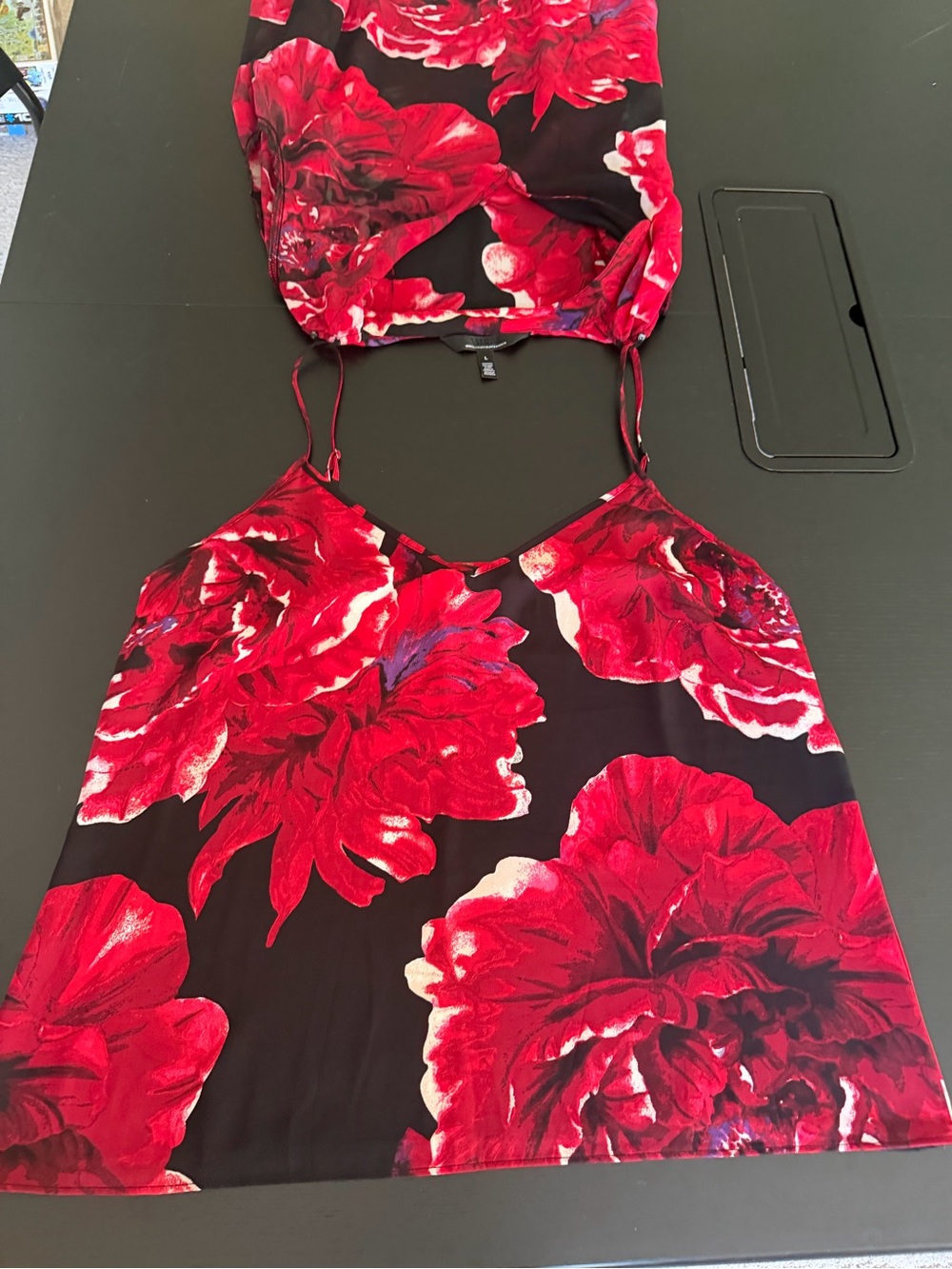 White House Black Market Black Sheer Blouse with Red Floral Print - Picture 4 of 7